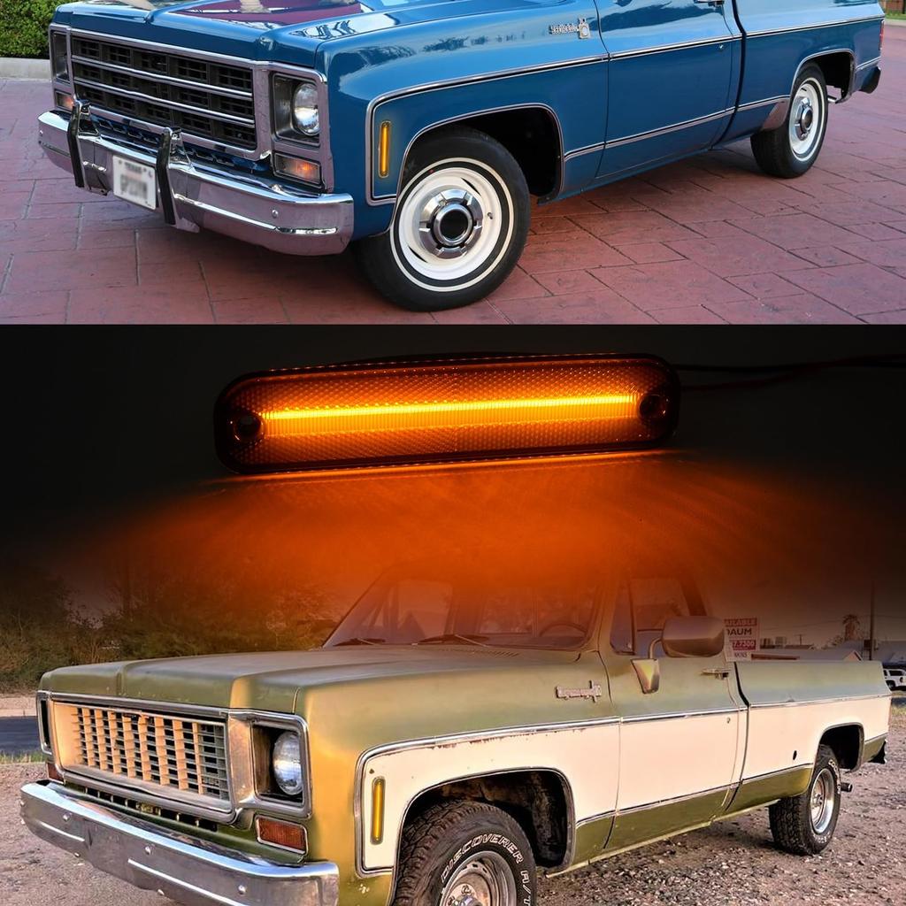LED Side Marker Lights for 1973-1980 GMC Chevy C/K Series Pickup Trucks, K5 Blazer, Suburban - Amber Front Bumper Side Marker Repeater Lamp Kit LH RH