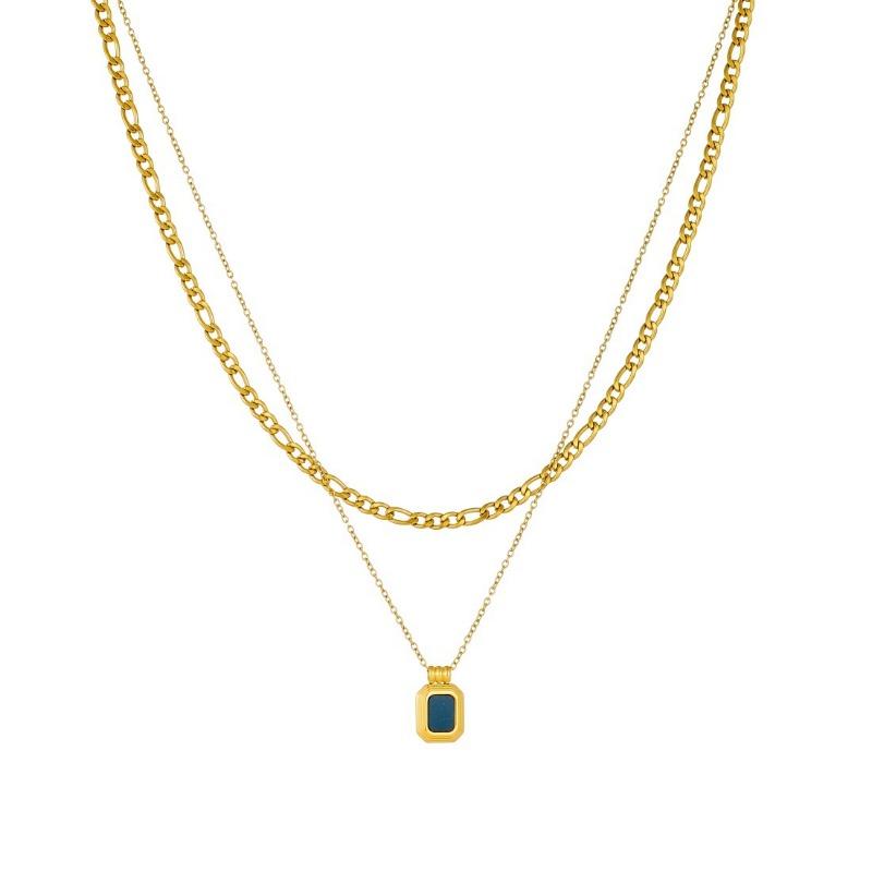 Gold Double Layer Chain Necklace with Black Square Enamel Pendant for Women