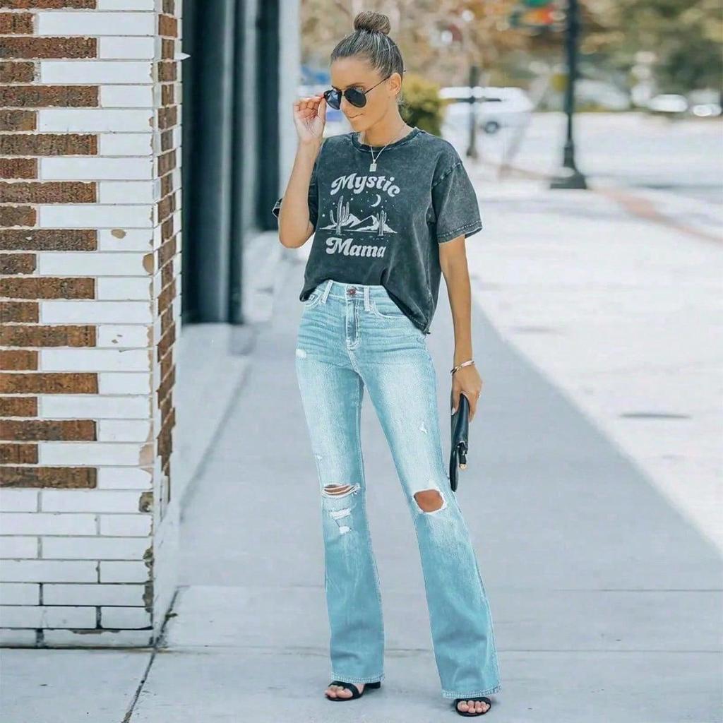 Women's Ripped High-Waisted Slimming Micro-Flare Jeans 2025 Fashion Washed