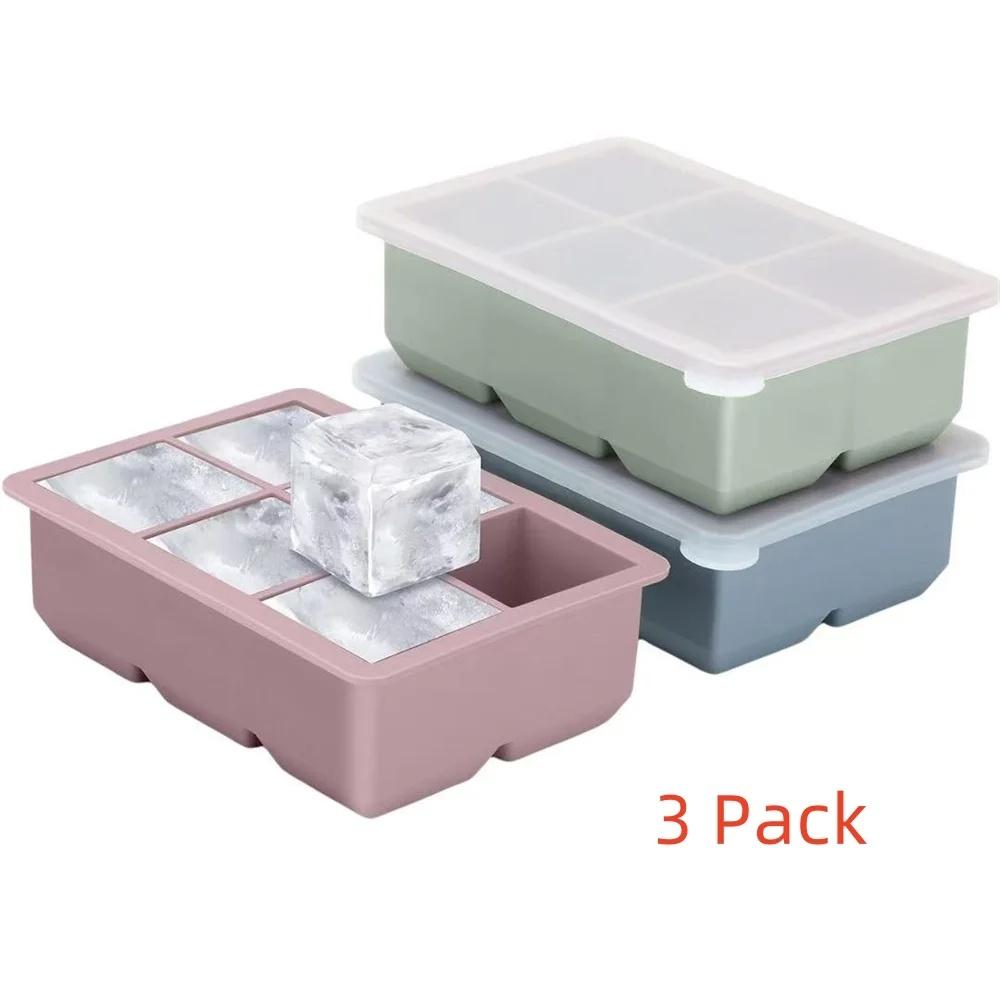 Large Ice Cube Tray with Lid 6 Cavities Flexible Food Grade Stackable Square Silicone Ice Cube Mold for Ice Drinks Whiskey