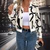 Elegant Women's Fall Winter Graphic Print Zip Up Baseball Jacket Casual Outerwear