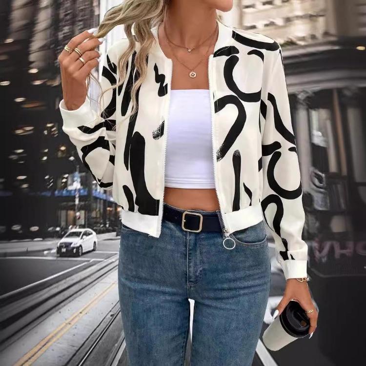 Elegant Women's Fall Winter Graphic Print Zip Up Baseball Jacket Casual Outerwear