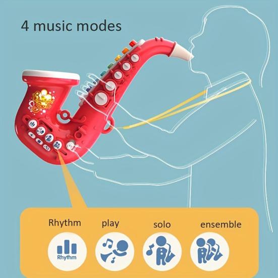 Giocattolo elettrico per sassofono con effetti di luce, 8 scale musicali e pulsanti funzionali, giocattolo per tromba per bambini, strumenti musicali per bambini, sassofono precoce