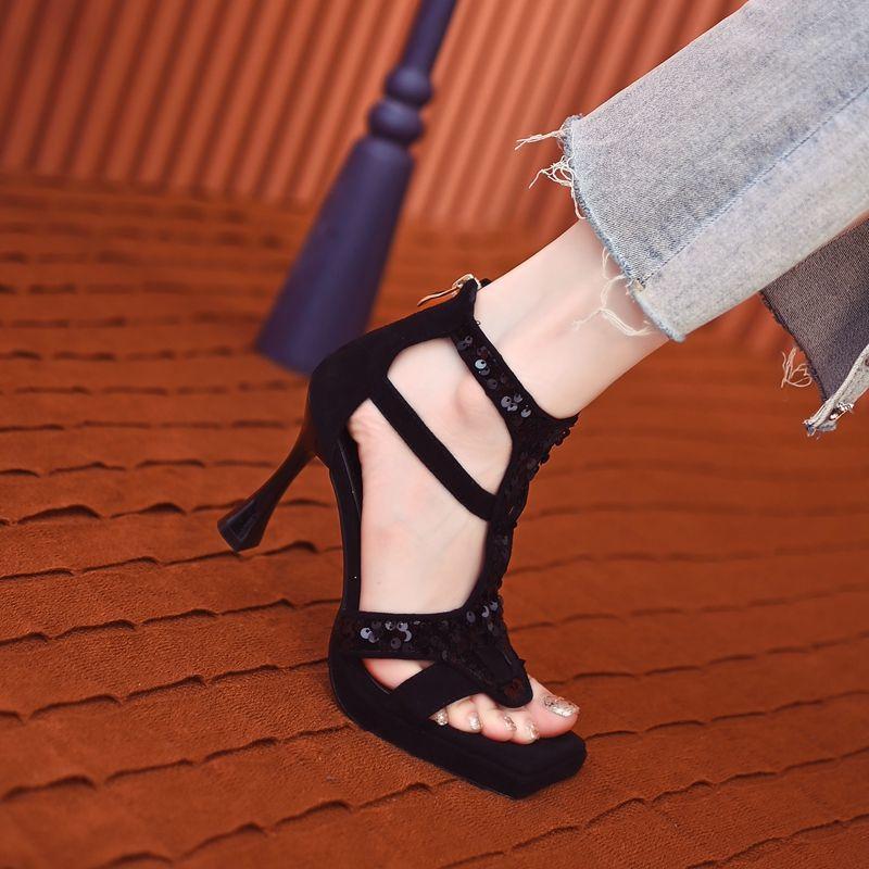 Sequins Fashion Sandals Women's Summer Square Head Thin Heel Elegant High Heels 2025 New Silver Skirt Banquet Shoes