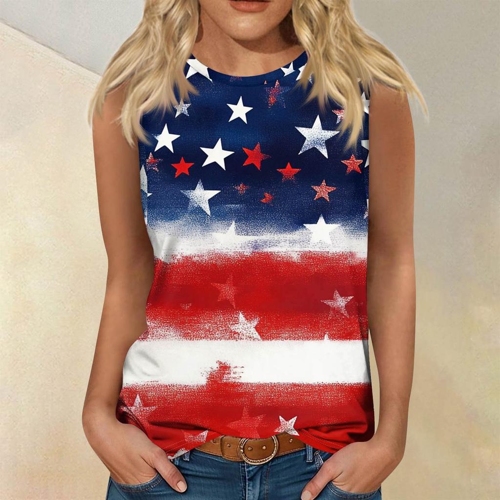 Women's Fashion Casual T-Shirt Round Neck Sleeveless Independence Day Printed Vest Top