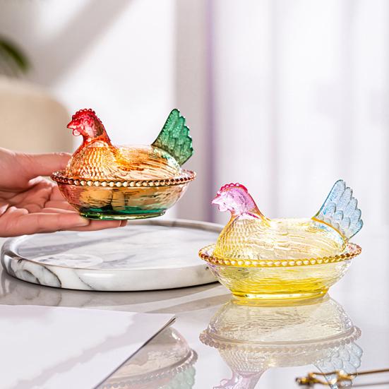 Chicken-Shaped Glass Candy Dish Hen on Nest Dessert Dish with Lid Funny Snack Bowl for Fruits Salads Home Table Decor