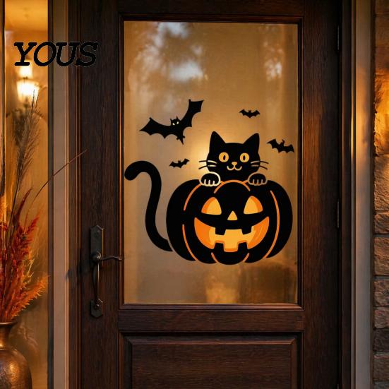 Reusable Window Clings for Store Display Halloween Pumpkin Wall Sticker, Black Cat on with Flying Bats Decal, Waterproof Glass Peel And Stick Sticker