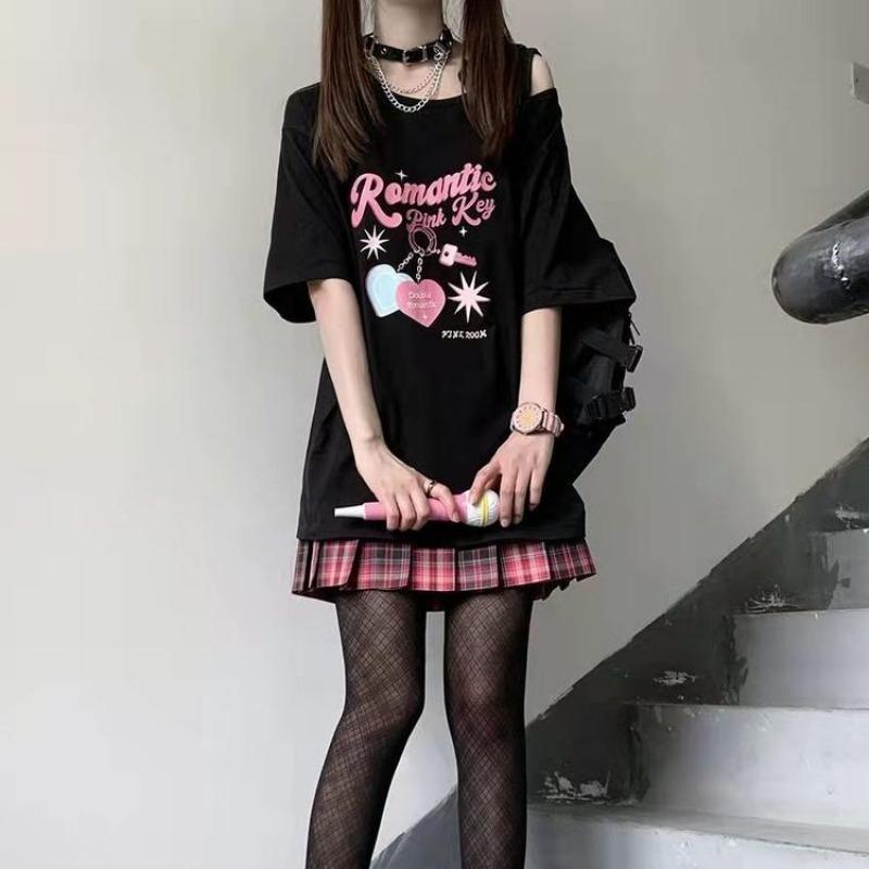 2KWEIRD Women Kawaii Off Shoulder T-shirt Harajuku Sweet Girl White Tops Y2k Aesthetic Cute Graphic Tees Japanese Fashion Shirt