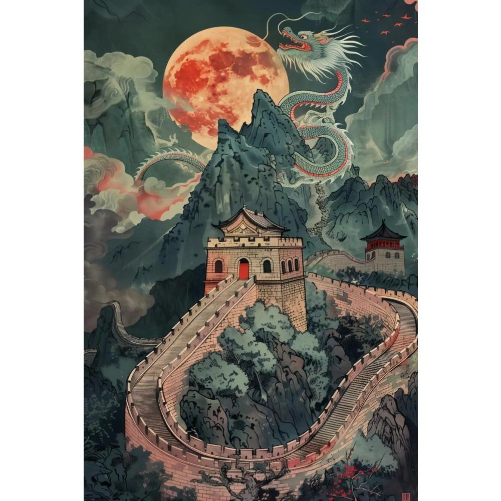 Vintage Iconic Mysterious Grand Chinese Loong Poster The Great Wall Modern Prints Canvas Wall Art Picture Home Living Room Decor