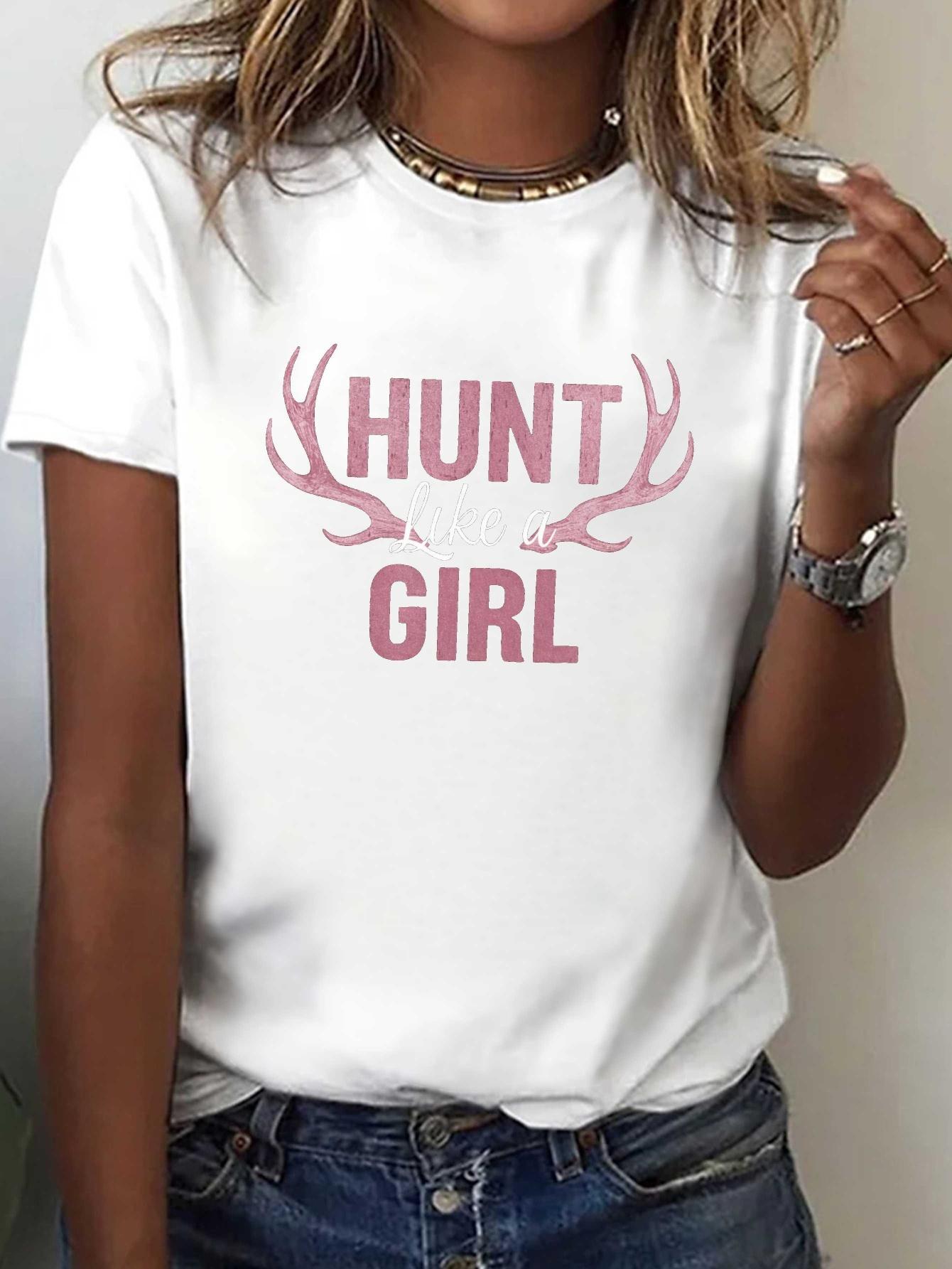 

Women s Hunt Like A Antlers Print Tee Crew Neck Short Sleeve Spring Summer Casual Top S белый