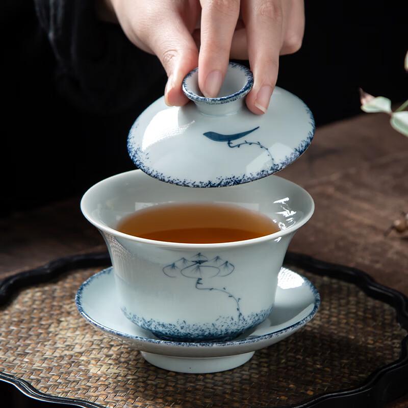 Large Hand-Painted Blue & White Ceramic Gaiwan