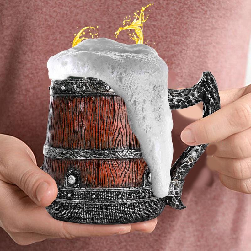 Tavern Mug Double Wall Medieval Cup 550ml Simulated Wooden Barrel Stainless Steel Mug Handmade Bucket Shaped Drinkware Beer