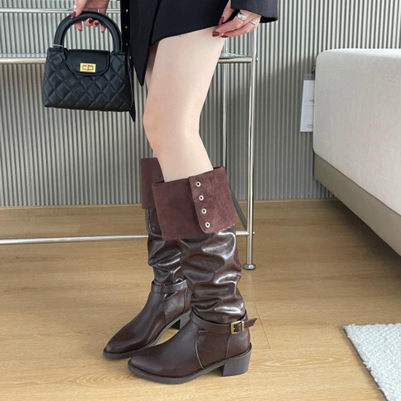 

Cowhide version 2025 autumn fashion boots new casual simple pointed thick heel two wear thick heel button middle heel 42 коричневый