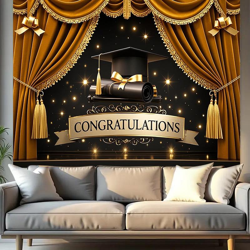 Pozadí na oslavu promoce, text "Gratulujeme", téma promoční čepice a závěsu pro domov, zahradu nebo svátek, promoční dekorace