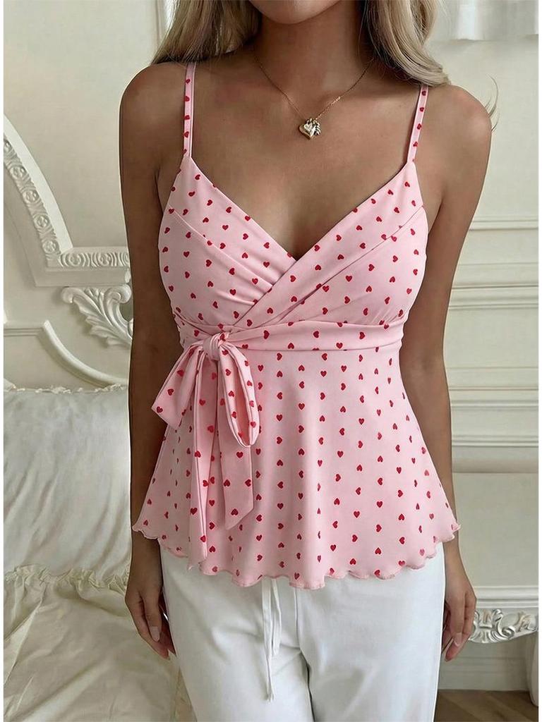 2026 V-Neck Waist-Cinching Ruffled Camisole for Women - European/American Style, Slimming Sleeveless Top