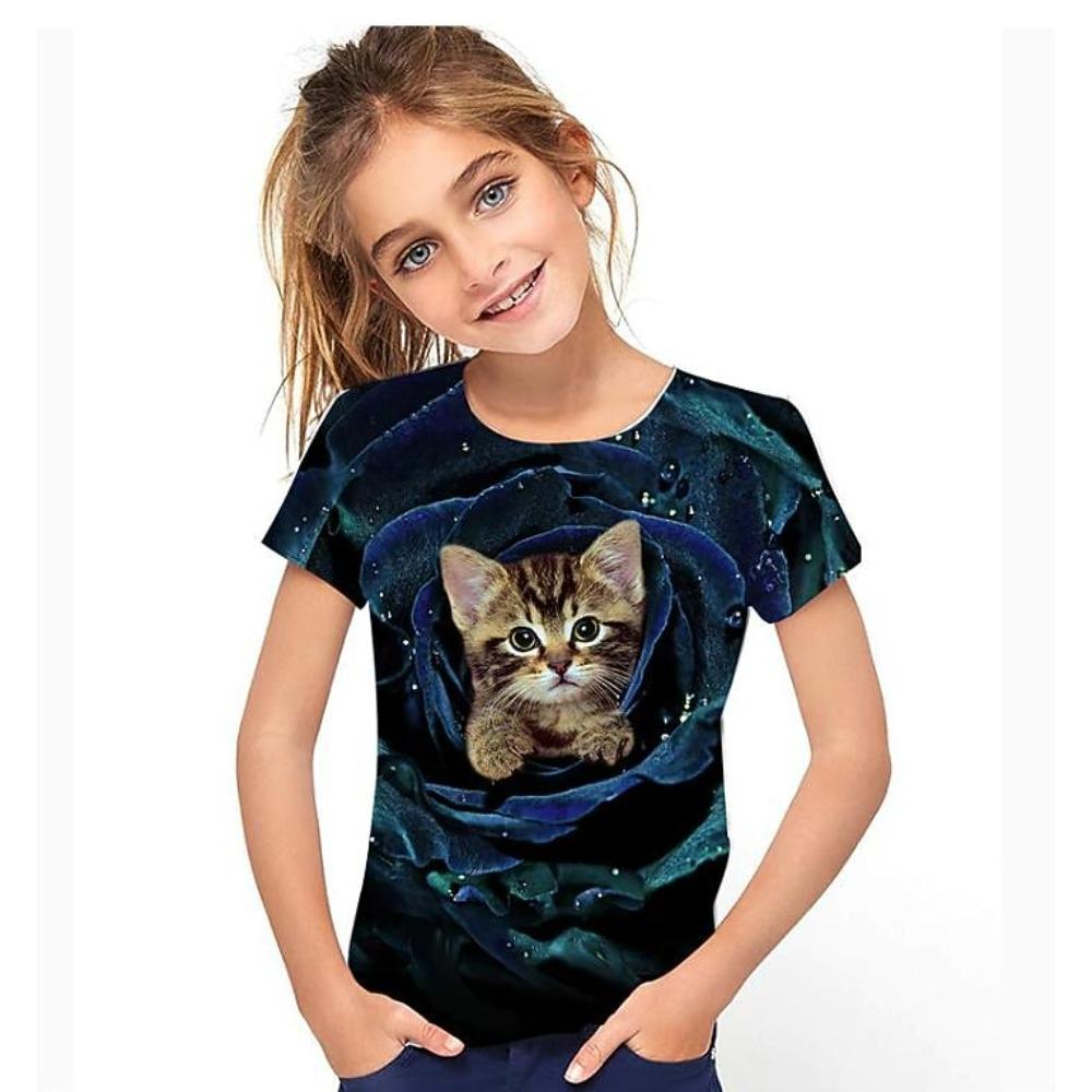 Girls' 3D Graphic Animal Cat T shirt Tee Short Sleeve 3D Print Active Cute Kids 3-12 Years