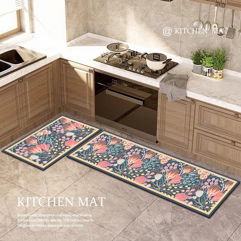 Washable Non-slip Kitchen Rug Pvc Leather Waterproof Anti-slip Floor Mat Long Rugs Oil-proof Foot Mats Pink Flower Home Carpet