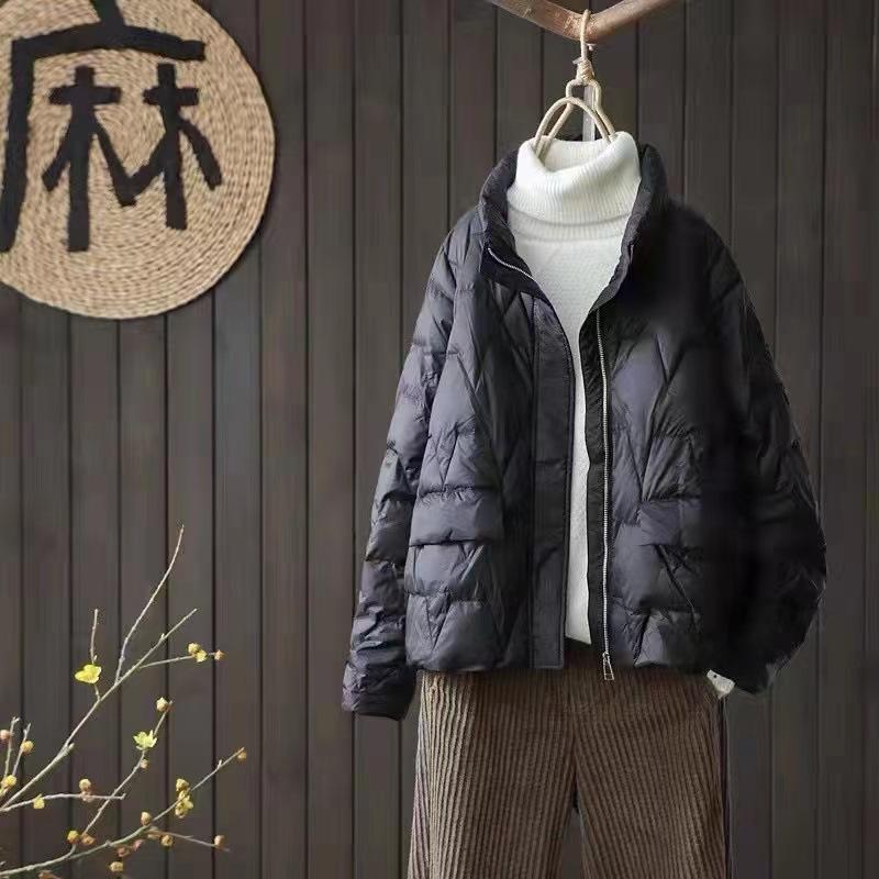 Cappotto da donna in piumino d'anatra bianco, casual, con collo alto, tasche con cerniera, parka, giacca leggera e ampia