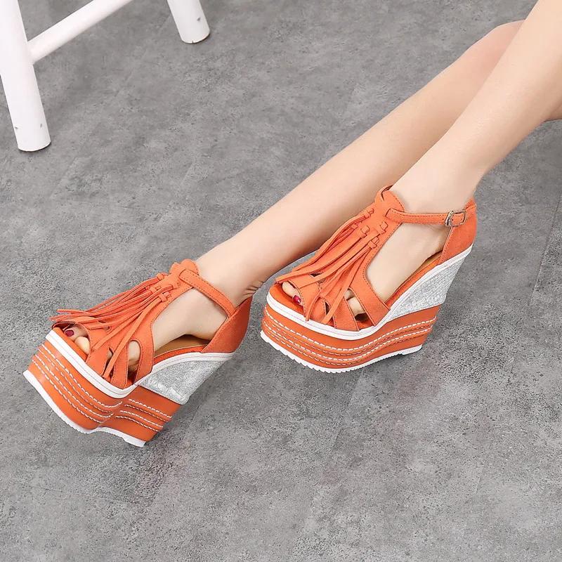 Fashion Summer New Arrival Tassel Wedge Sandals 14CM Ultra High Platform Heels, Sexy Ethnic Style Women's Party Shoes for Night Club