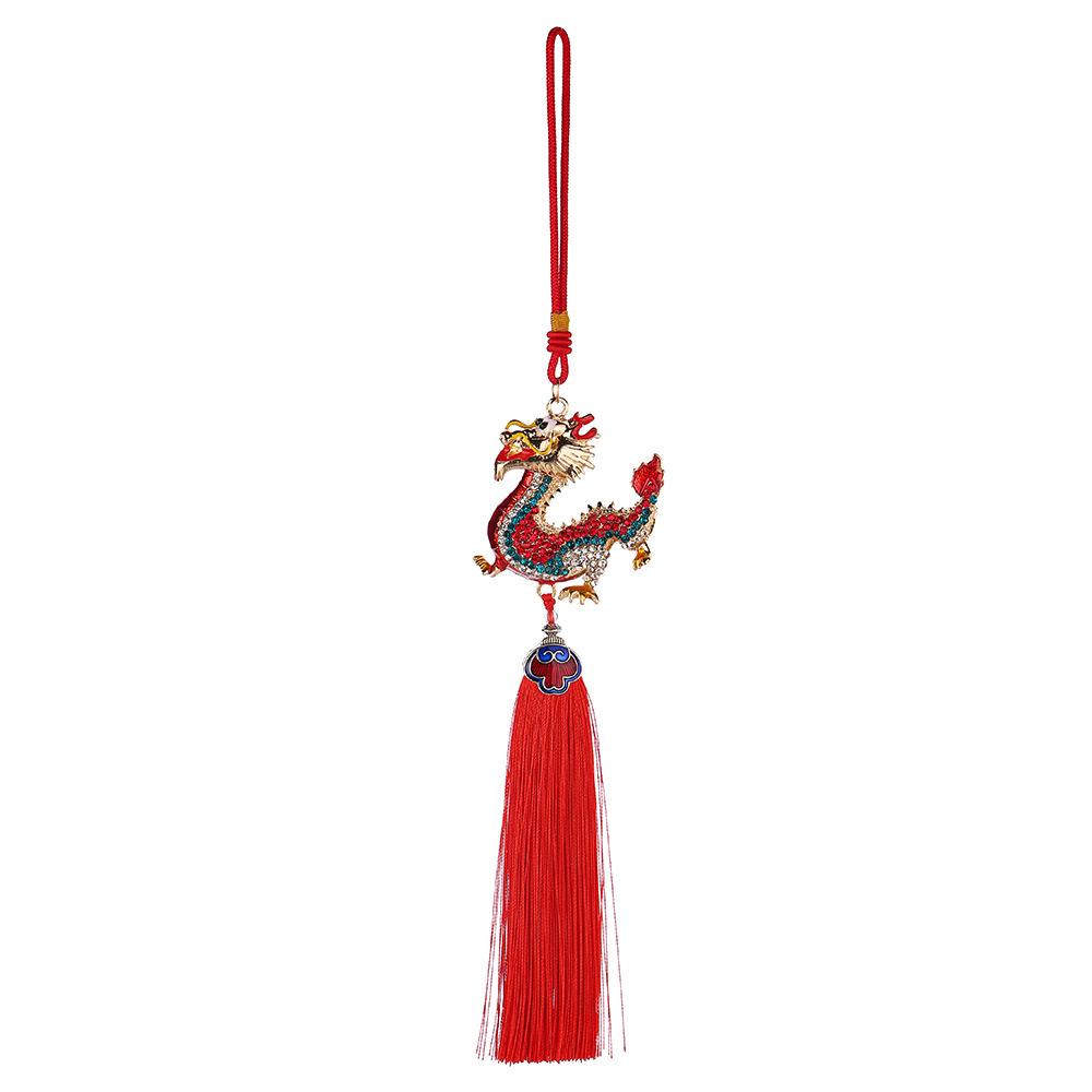 Diamond-Studded Auspicious Dragon Pendant with Red and Gold Tassel