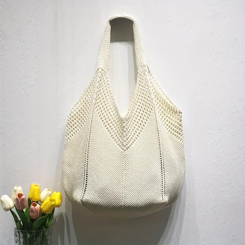 

Vintage Crochet Woven Tote Bag for Women - Lightweight Durable Polyester Beach Bag with Fixed Shoulder Straps, Foldable Design for Travel&Daily Use бежевый