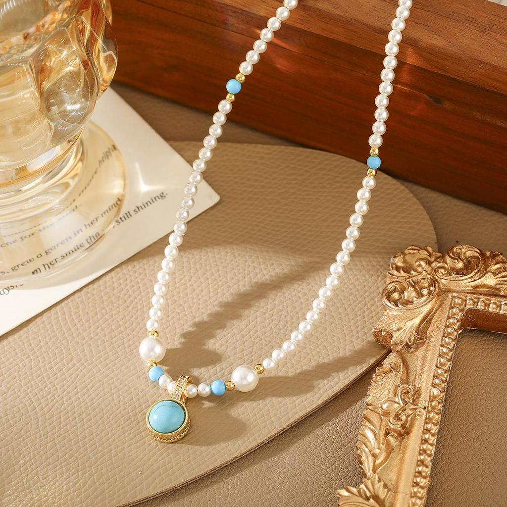 Türkis Perlenkette für Damen - Französische Eleganz High-End Schlüsselbein Kette, Personalisierbares Vielseitiges Schmuck Design