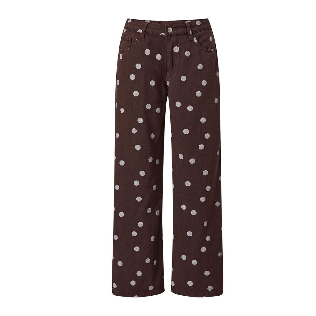 Women's Polka Dot Mid Loose Fit Casual Jeans Non Stretch Denim Pants for Everyday Wear