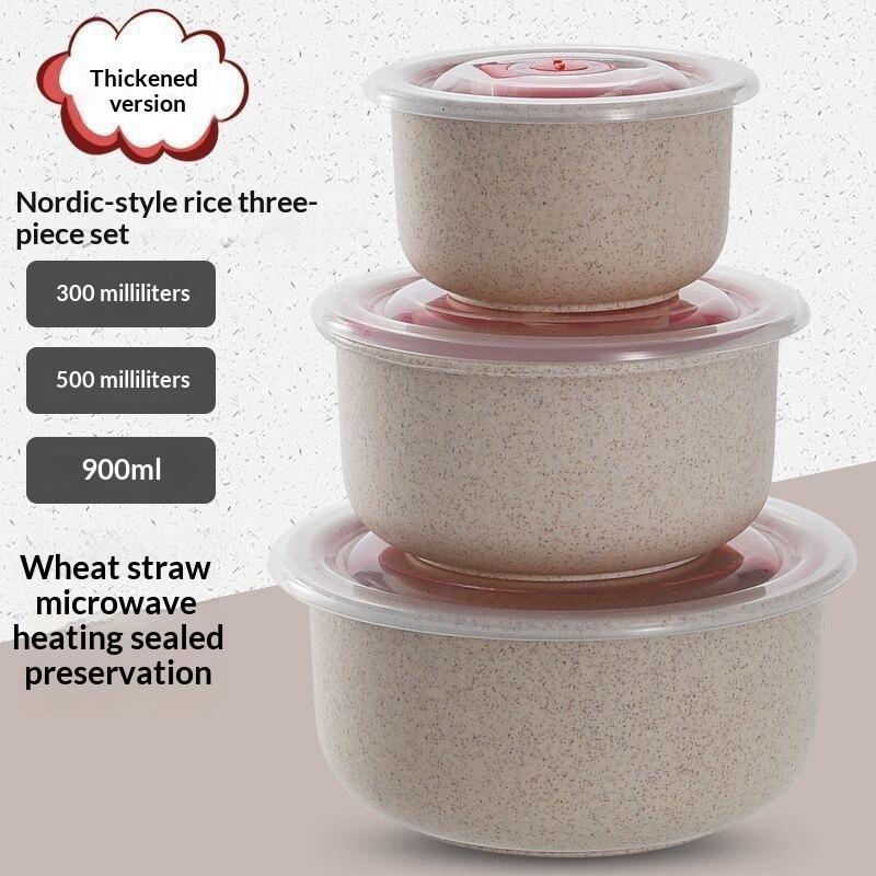 3Pcs Wheat Straw Fresh-Keeping Bowl Three-Piece Set With Lid For Home Microwaveable Plastic Round Lunch Box
