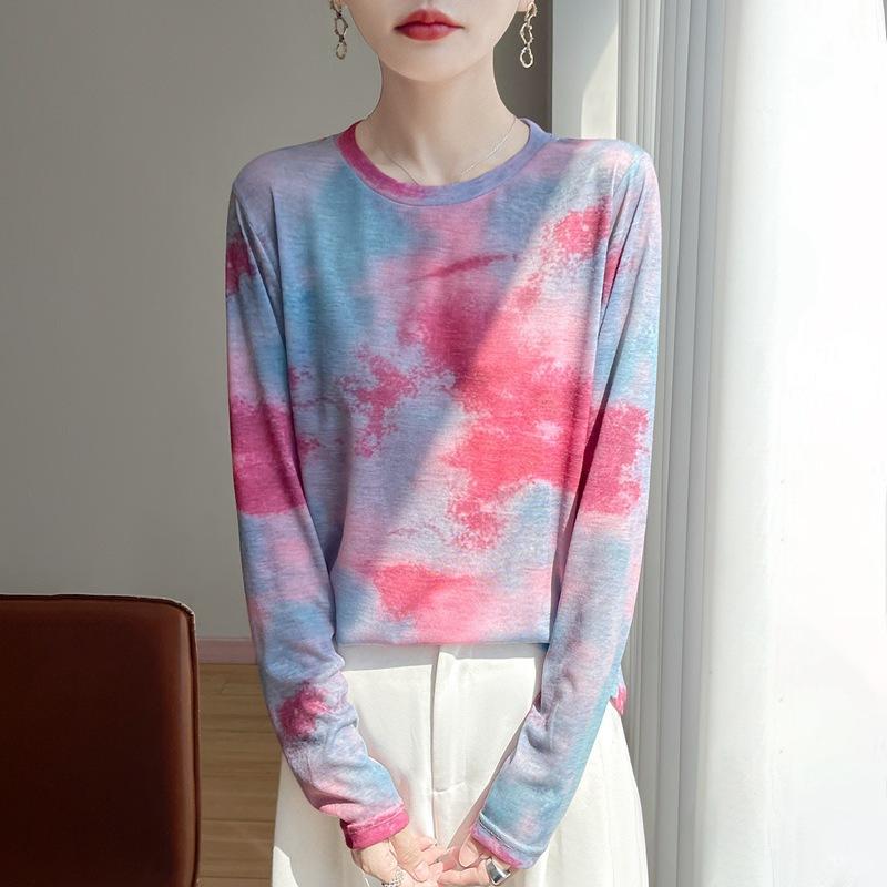 Spring/Summer New Style Round-neck Knitted Sweater Long-Sleeve Women's Printed Multi-color Loose-Fitting Base Layer Shirt