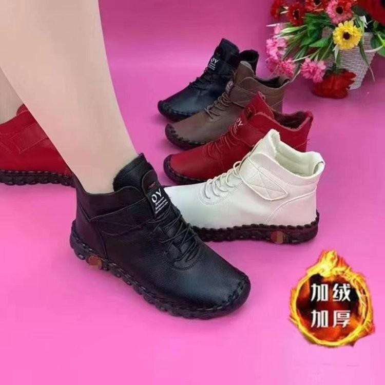 2025 Winter New Velvet Thickened Foreign Trade Large Size Velcro Short Cotton Shoes Hand-stitched Thick Heel Women