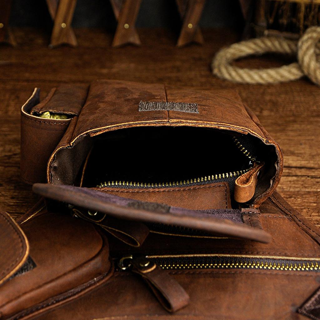 Top Grain Oil Waxed Leather Waist Bag for Men Vintage Camera Cell Phone Crossbody Leg Pack Hip Bag for Outdoor Travel Hiking