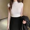 Summer New Simple Solid Color Semi-turtleneck Pleated Pullover Sweater Women Wear Sleeveless Vest Top