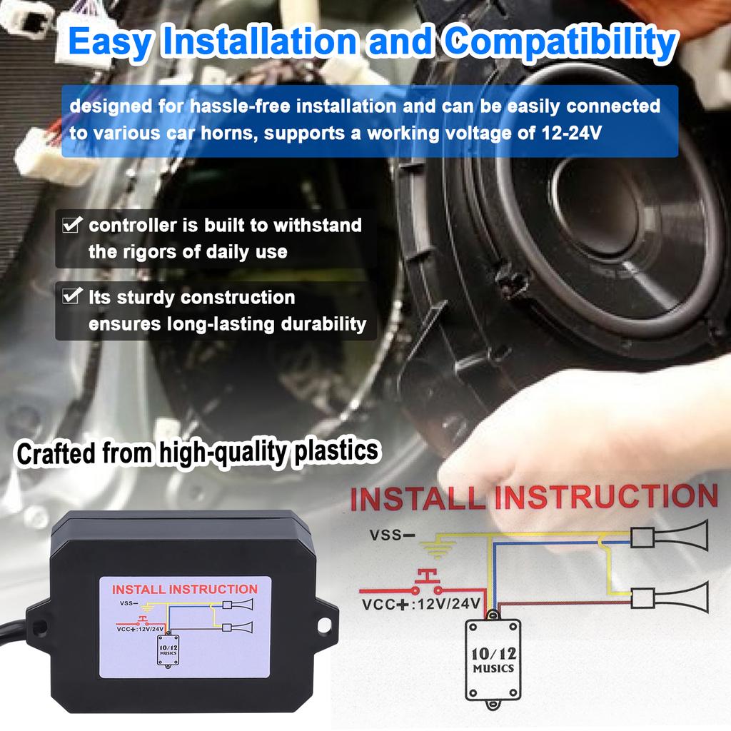 Car Horn Controller Electric Horn Speaker Sound Control Unit with 12 Sound Effects Switching 12-24V for Car Truck Marine Boat