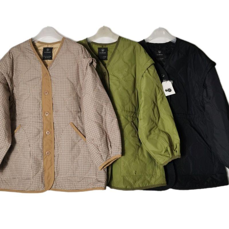 Japanese Single Tail Goods V Neck Open-up Buckle Quilted Thin Cotton Clothing Women's Contrast Color Binding Outwear Winter Waist-Tight Idle Style