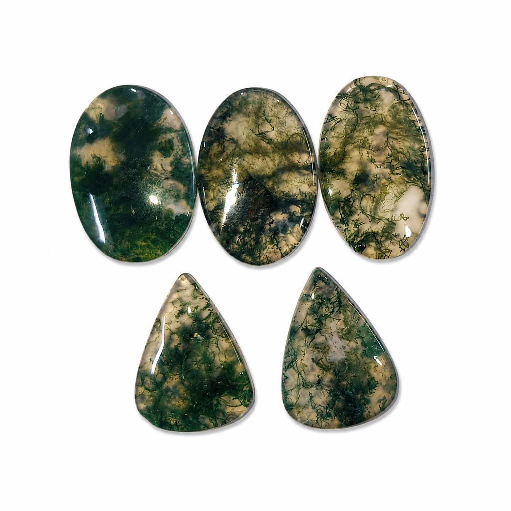 Natural Moss Agate Cabochon Collection Set of 5 | Mixed Shape Moss Agate Gemstones for Jewelry Making