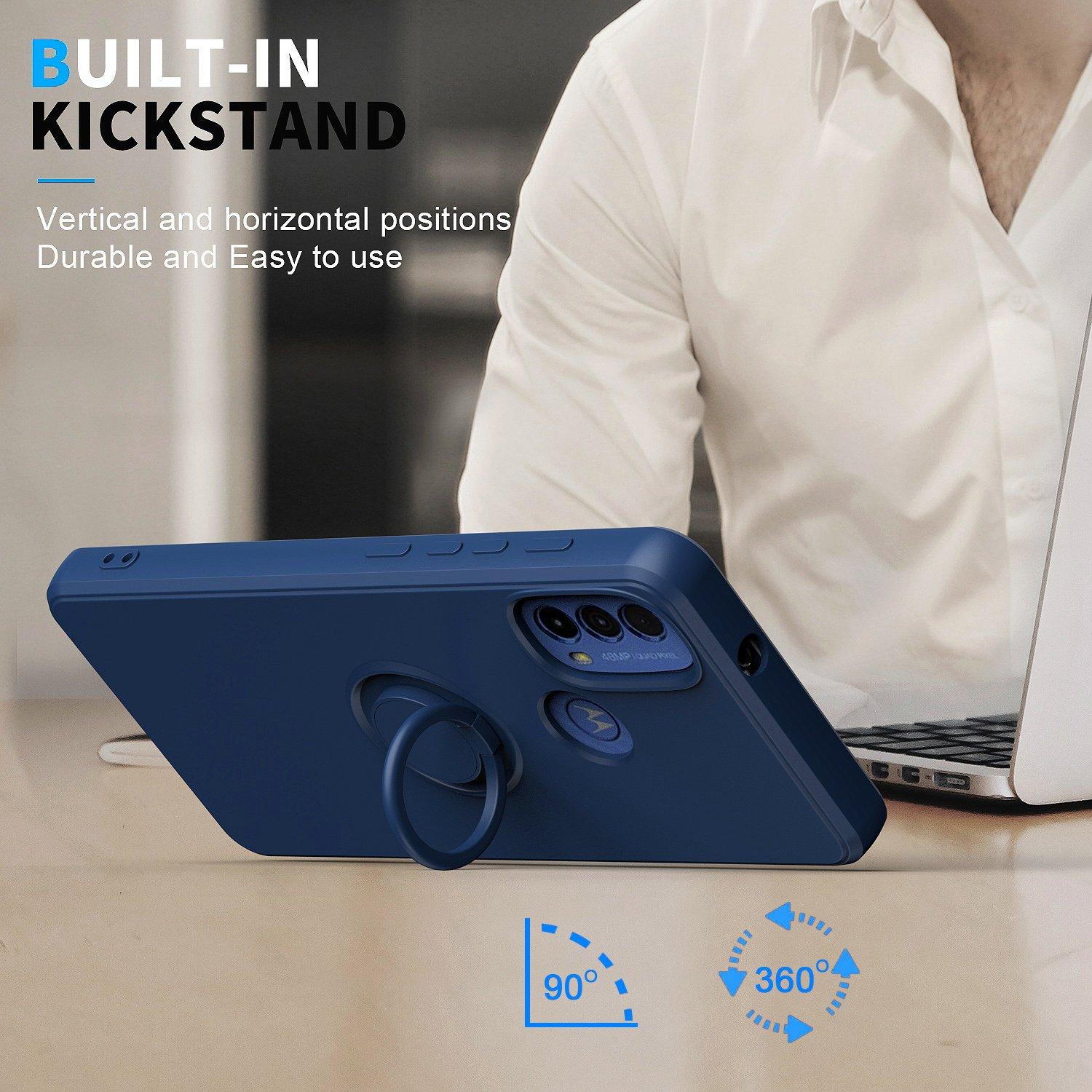 

For Motorola Moto E30/E40 Ring Kickstand TPU Case Anti-drop Rubberized Phone Cover with Built-in Magnetic Holder Metal Sheet Sapphire