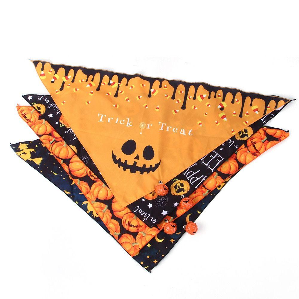 Breathable Halloween Pet Scarf With Bell Pumpkin Dog Bandana Halloween Dog Triangle Towel  Cosplay