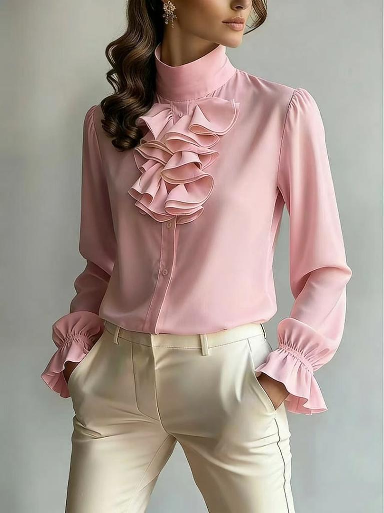 1116 European and American New Temperament Commuting Loose Stand-up Collar Solid Color Ruffle Edge Shirt Women