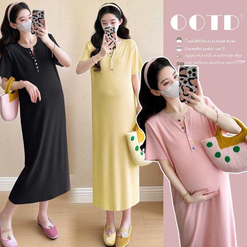 2026 Summer Maternity Ice Silk V-Neck Knit Midi Dress with New Color Buttons L