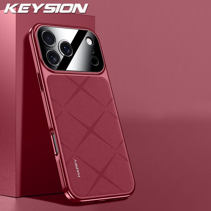 KEYSION Luxury Grid Pattern PU Leather Case for iPhone 17 Pro Max Plating TPU Camera Protection Phone Cover for iPhone 17 Air