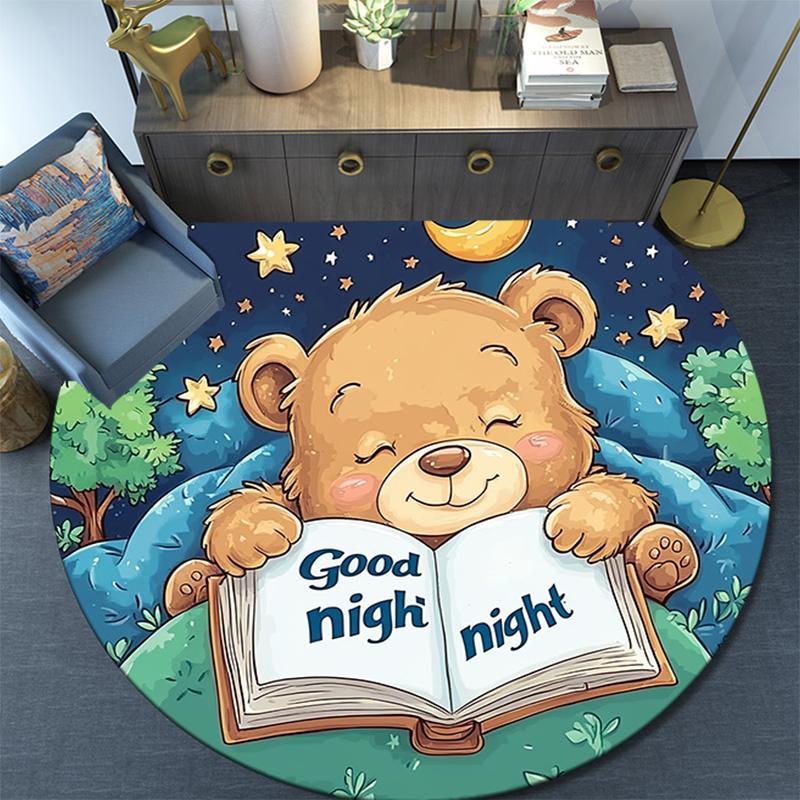 Teddy Bear Reading Book Round Area Rug,Carpet Rug for Living Room Bedroom Sofa Playroom Decor,Non-slip Floor Mat