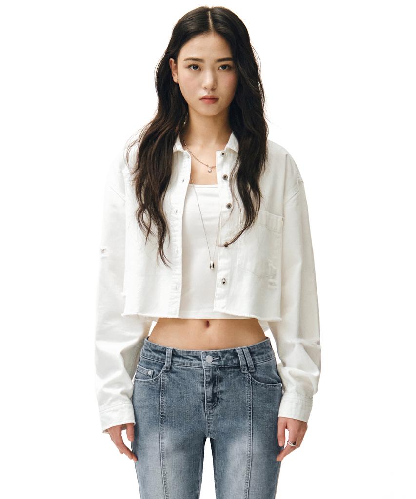 Deketeuumeon Cropped Damage Denim Shirts Dcwsh004White