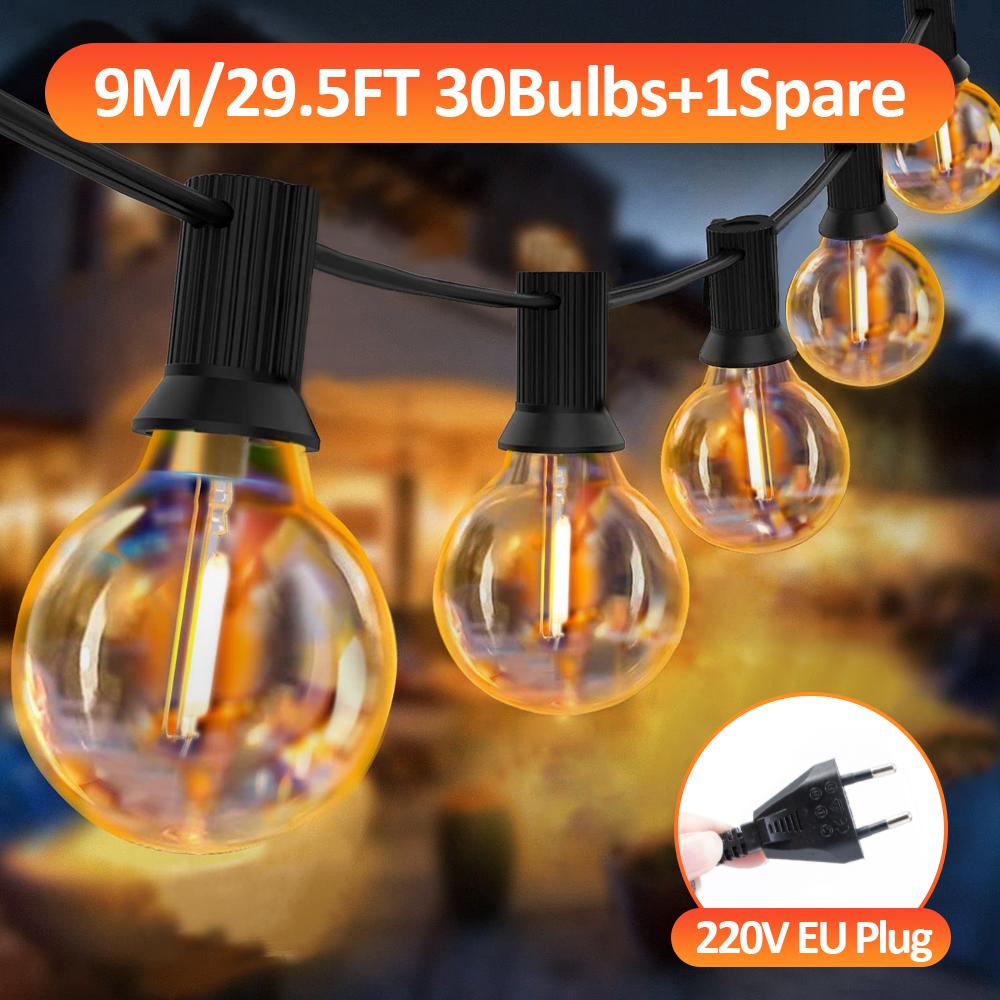 G40 LED Globe String Lights Outdoor, 15M 50 Pcs IP65 Plastic Bulbs, Balcony Garland Fairy Lamps for Wedding Christmas Party Deco