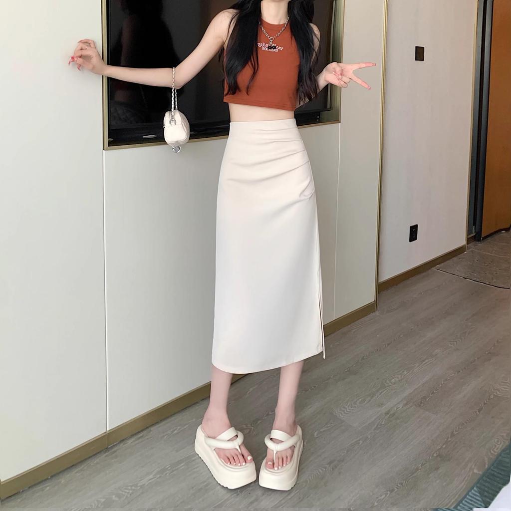 Women's Summer 2024 High Waist Pleated Slit Midi Skirt