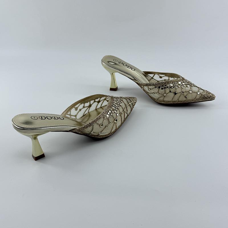 Women's Rhinestone Cap-Toe Stiletto Mules - Summer 2025 Cut-Out Mesh Backless Slippers