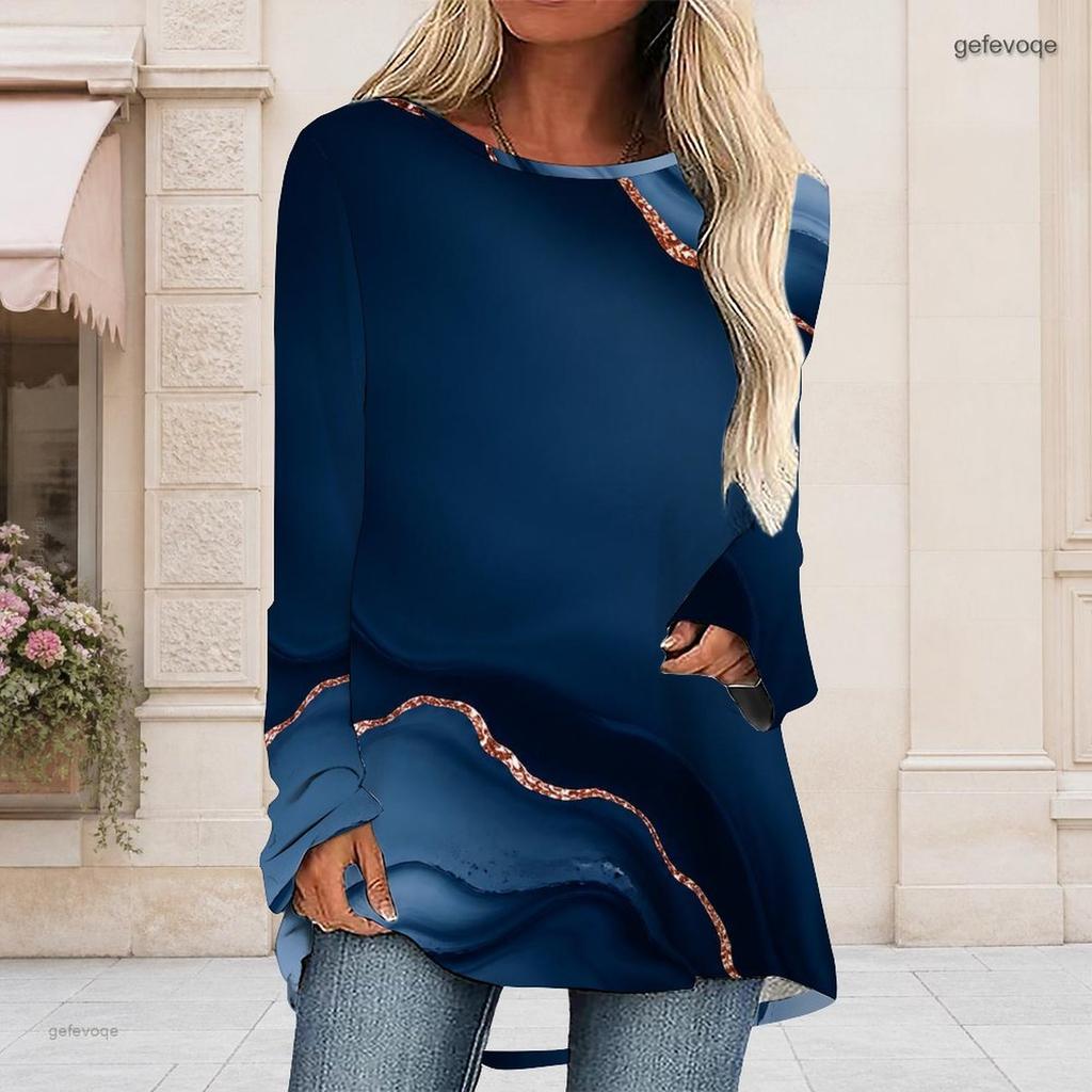 Ladies Plus Size Tie Dye Striped Long Sleeve T Shirt Round Neck Loose Irregular Hem Casual Tunic Top For Daily Wear