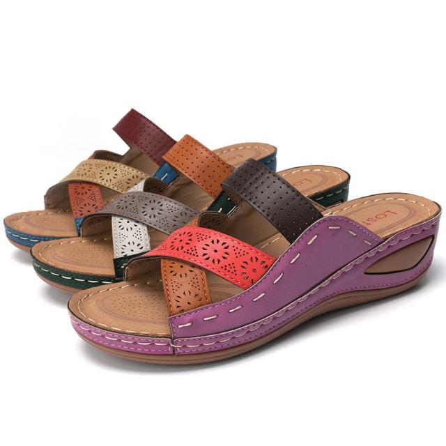 Sandale cu pană pentru femei de vară noi Sandale ortopedice premium cu vârf deschis, din piele, anti-alunecare, ocazional, pantofi retro pentru femei