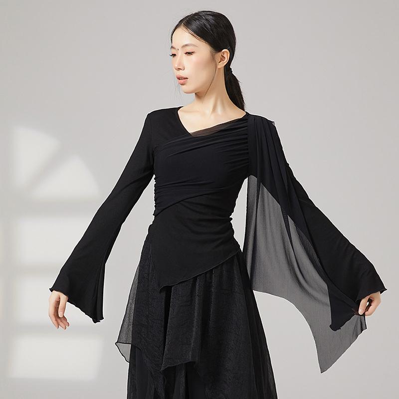 Women Classical Dance Practice Top Flare Sleeve Tulle Design Chinese Folk Dance Modern Dance Performance Costume Short Sleeve S чёрный
