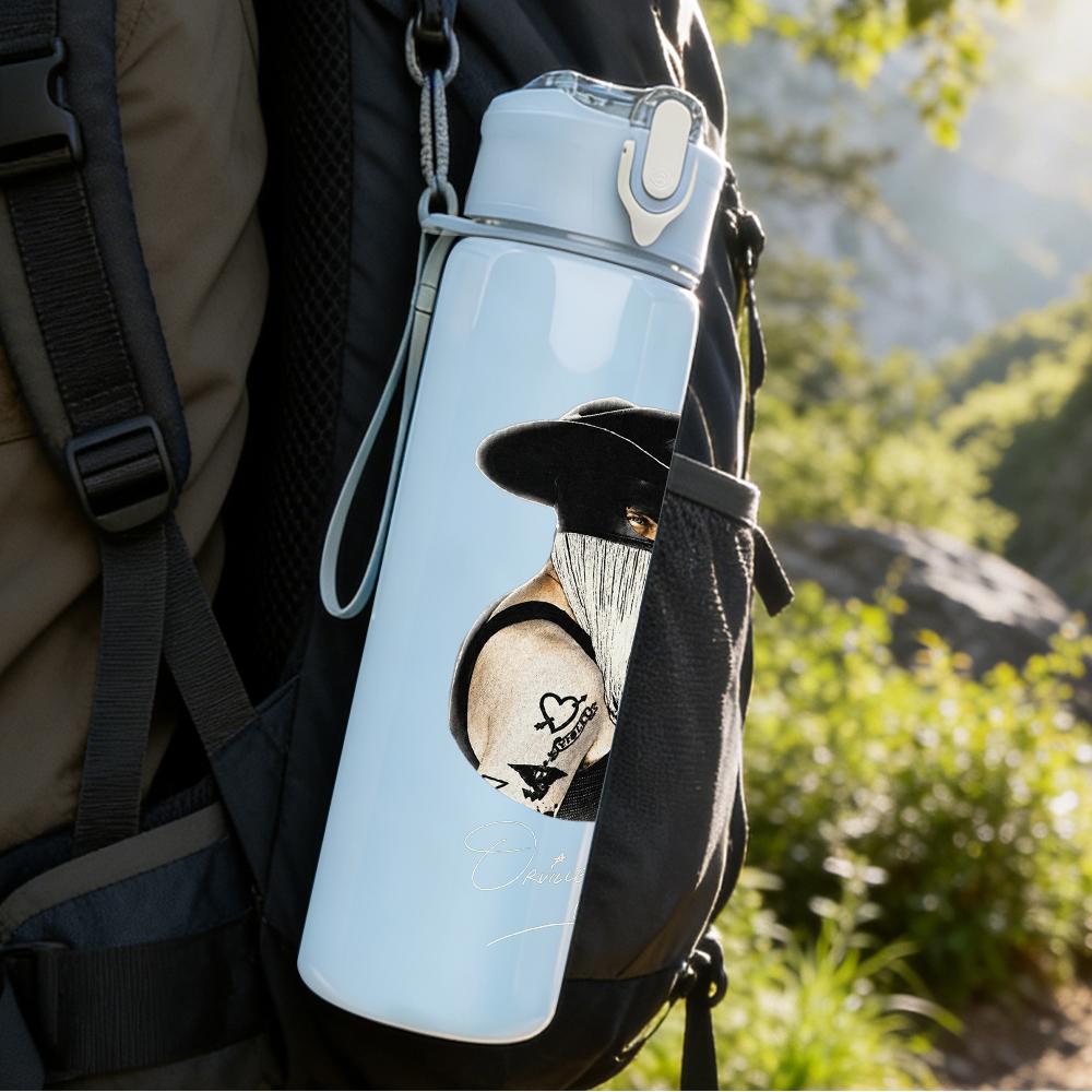 PC Retro Gentleman Hat Grayscale Print 750ml colorful plastic sports water bottle leakproof pop up lid with straw for outdoor work home use