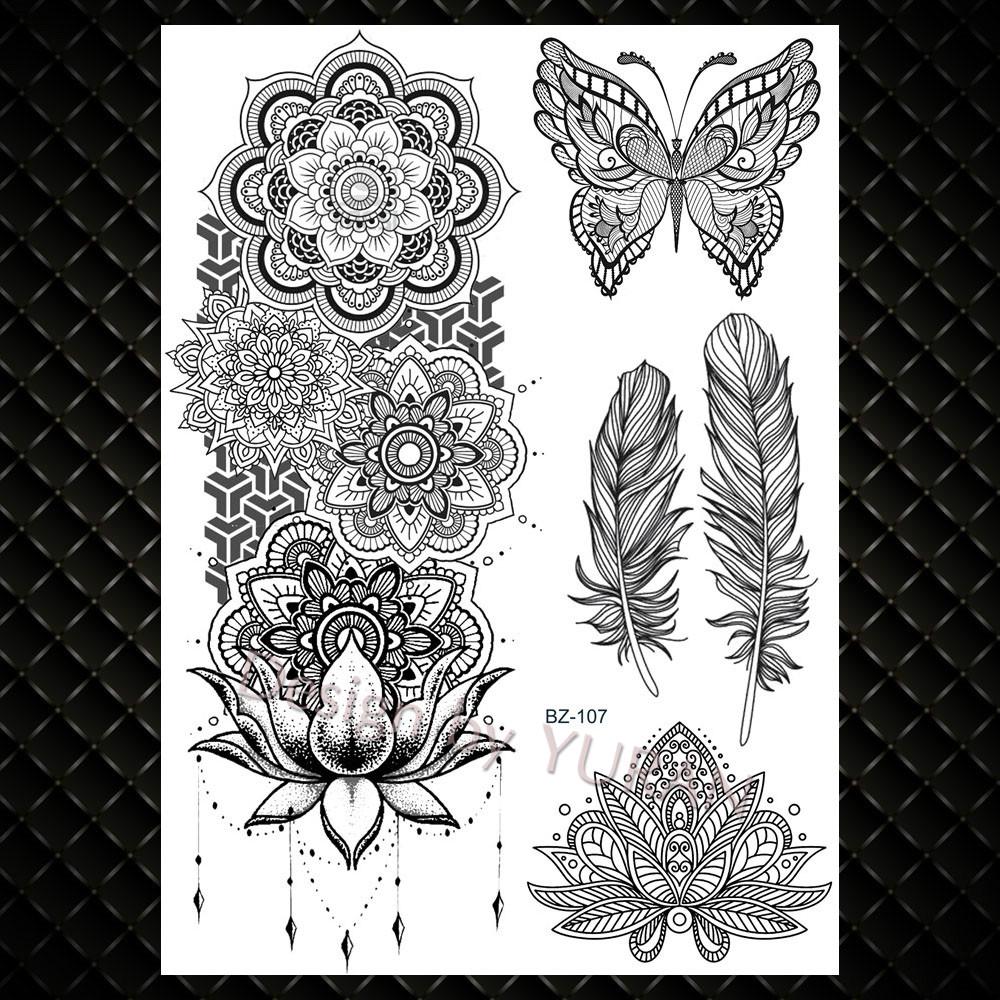 Black Women Forest Boho Wolf Lion Totem Tattoos Stickers Girls Henna Mandala Floral Fake Tatto Temporary Lotus Custom Arm Tattoo